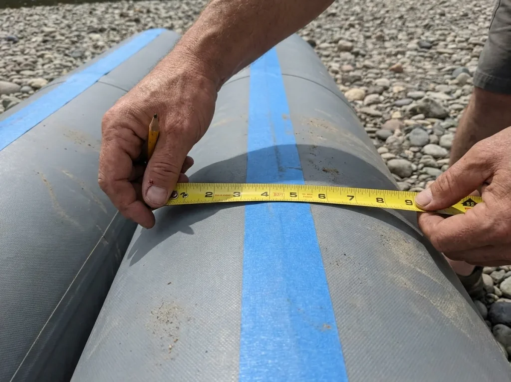 Tape measure stretched tube-center to tube-center across a raft to find frame width