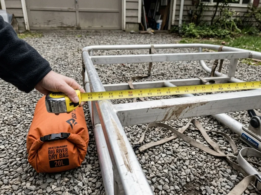 A tape measure stretched crossbar-to-crossbar across a raft frame bay to size a drop bag correctly