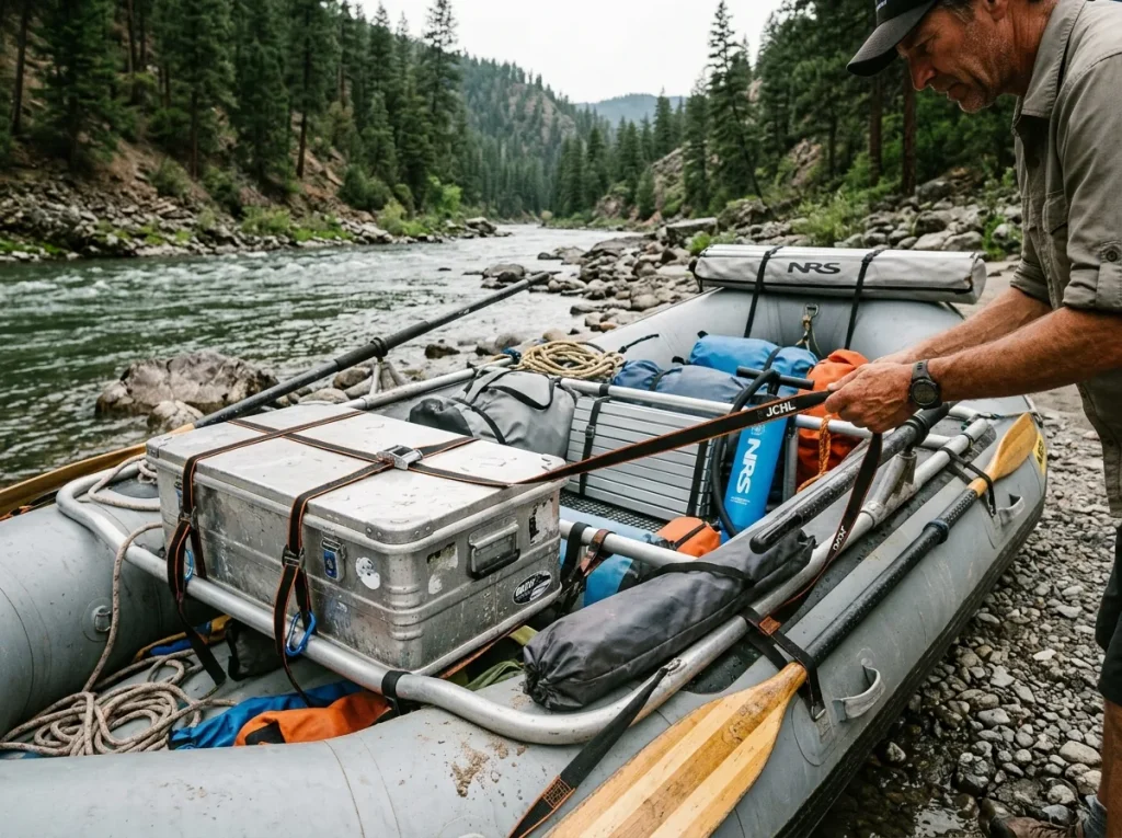 Cam straps holding a dry box, table and spare oar to a rigged multi-day raft frame