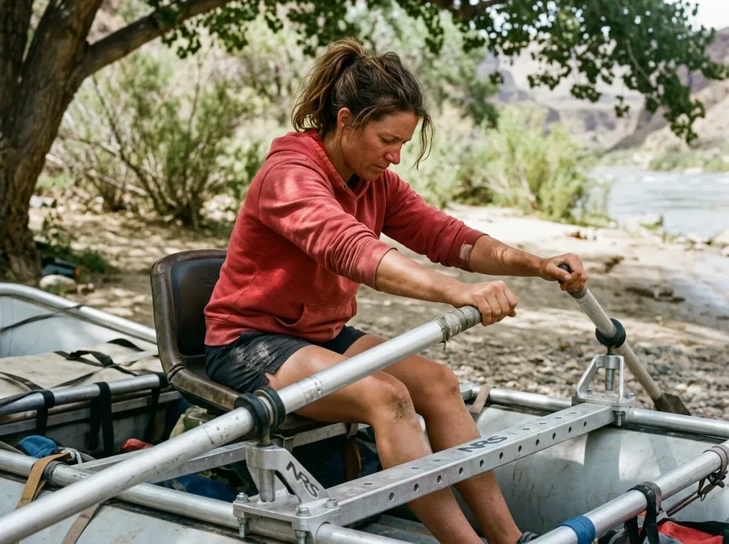 Rower ghost-rowing a frame to set oar tower height before final tightening