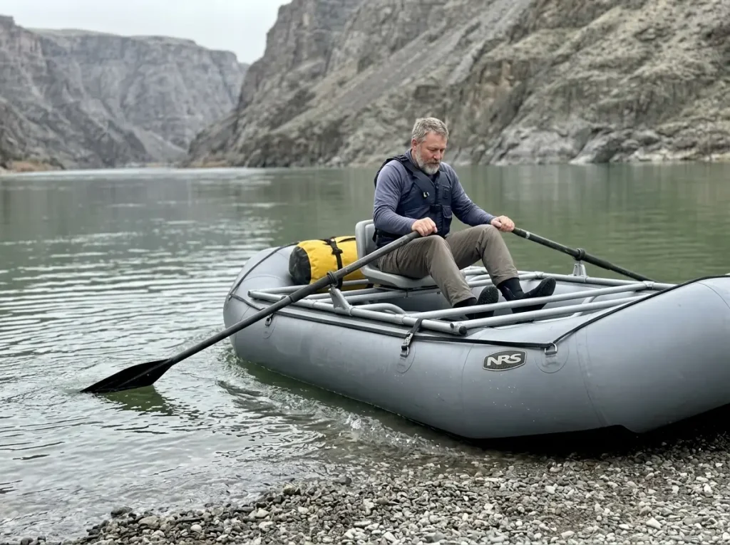 Boater pushing off on a day trip with a lightly rigged NRS raft frame on a green river