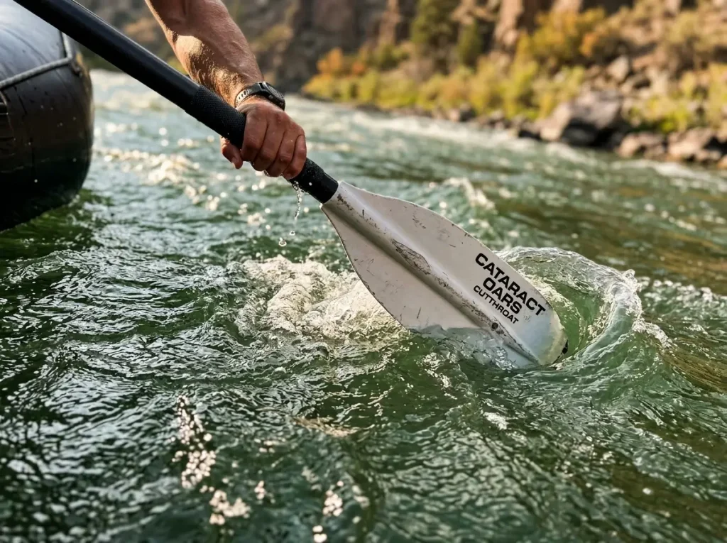Narrow Cataract oar blade slicing into the water mid-stroke showing catch and drag