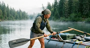 The Oar Length Formula River Guides Actually Use Rower checking oar length on a raft frame rigged with Sawyer Polecat oars at the put-in