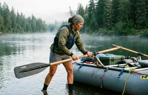 The Oar Length Formula River Guides Actually Use Rower checking oar length on a raft frame rigged with Sawyer Polecat oars at the put-in