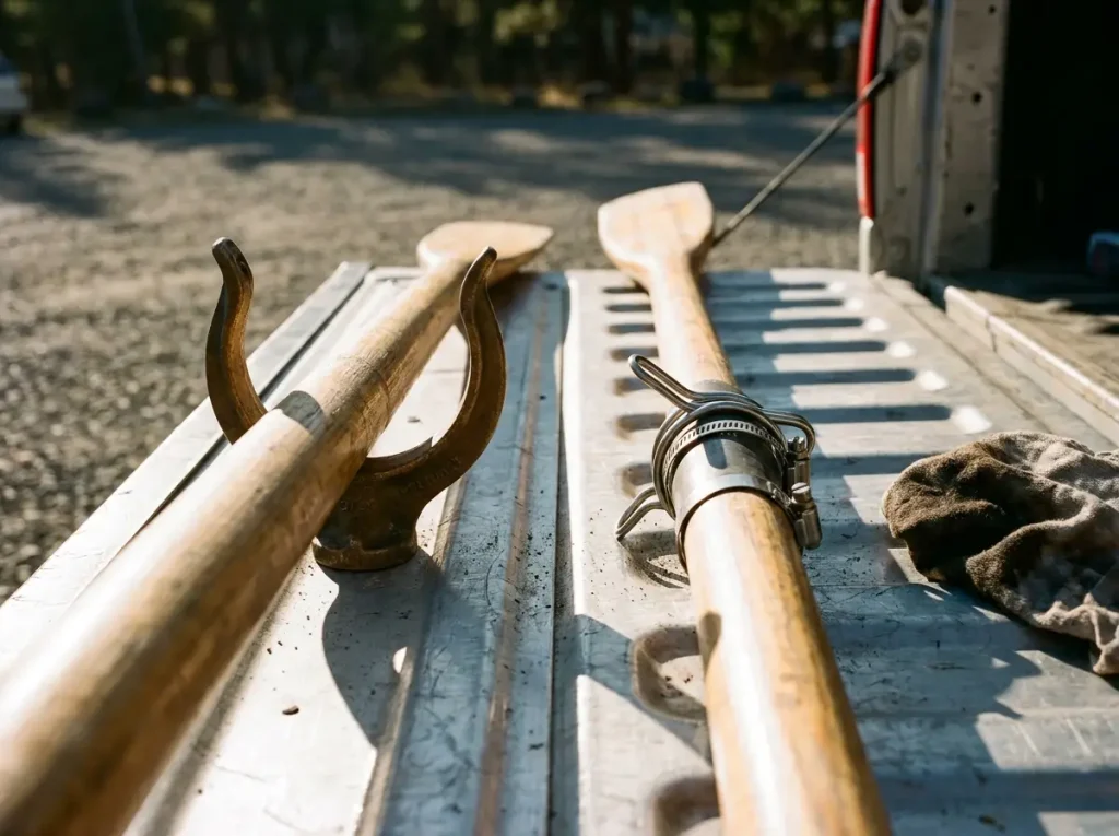 An open bronze oarlock beside a pins-and-clips oar setup on a tailgate