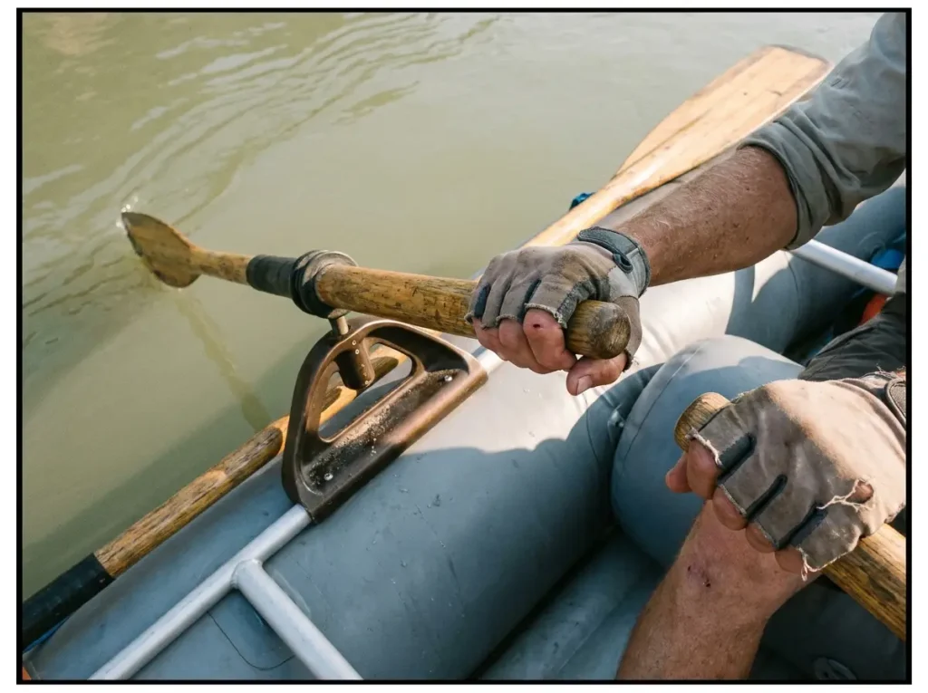 Open oarlock letting the oar feather during a ferry, the simple hardware for learning to steer