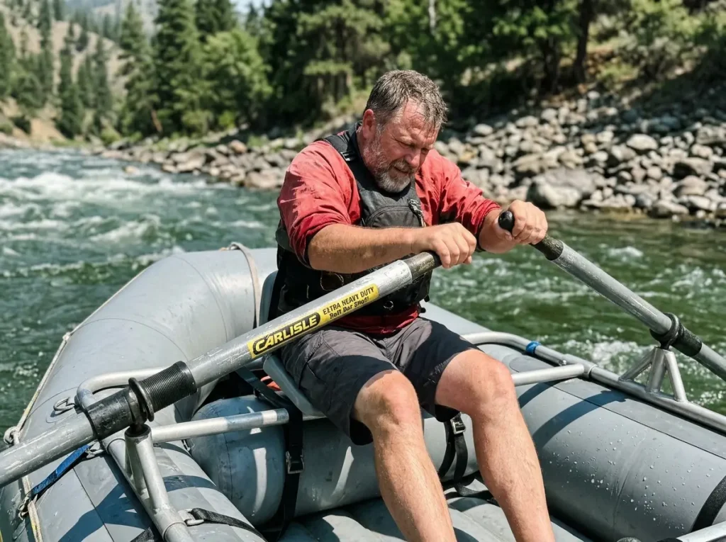 Rower with elbows flared high on oversized oars showing cramped knee clearance