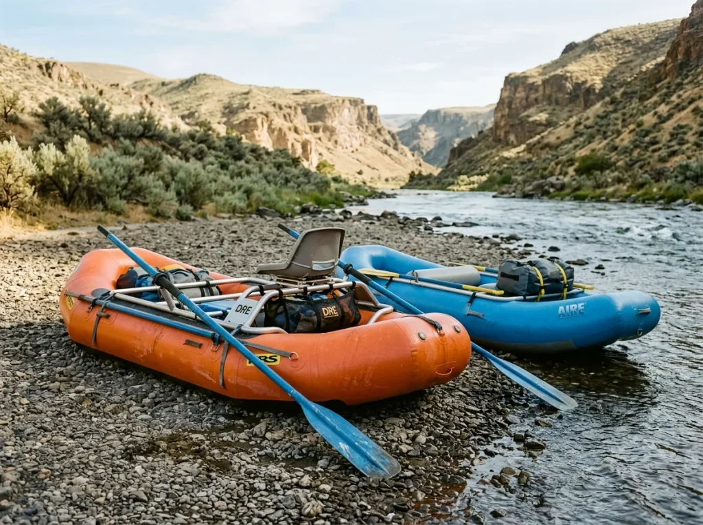 An oar-rig frame raft with a drop bag beside a paddle raft, showing two different storage setups