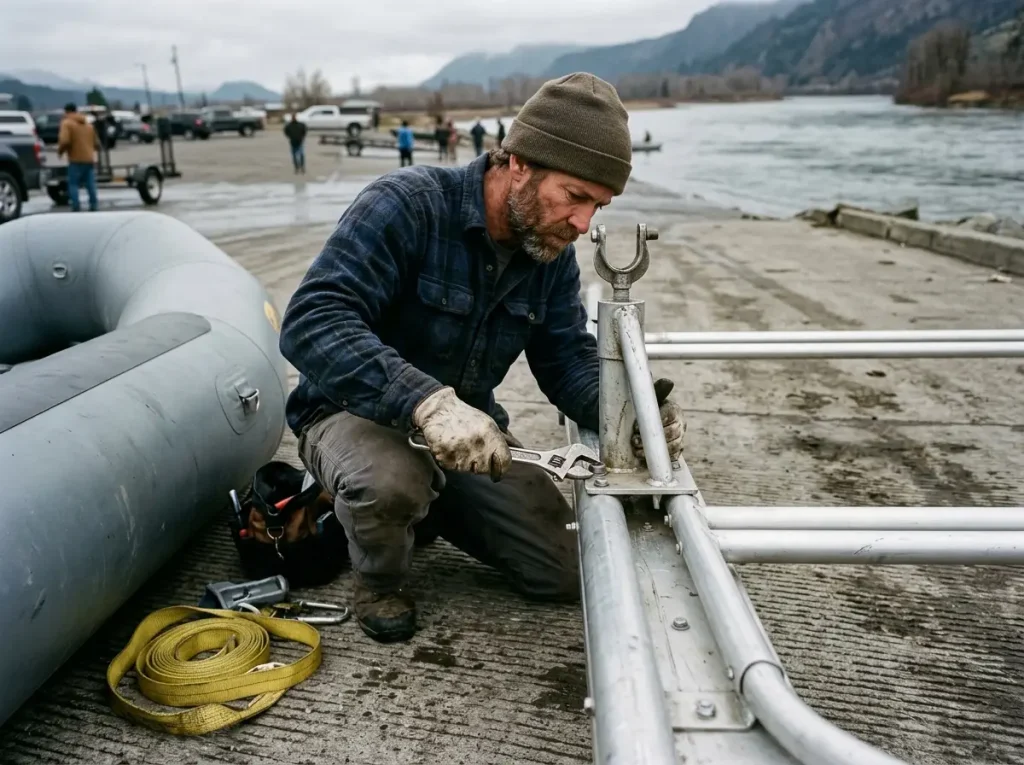 A boater positioning an oar mount on a raft frame at a boat ramp