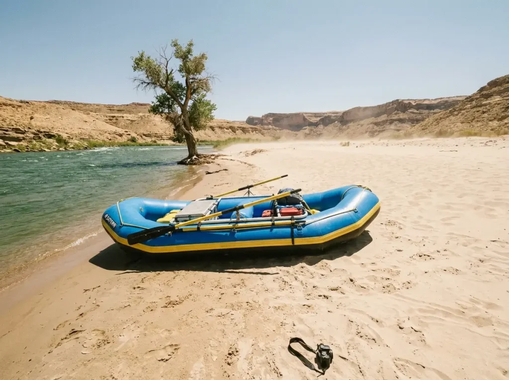 Rigged Saturn raft baking on a sandbar in full afternoon sun as heat raises inflation pressure