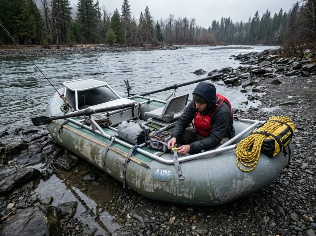 Rigged fishing raft viewed from above showing snag and foot-entrapment points to check