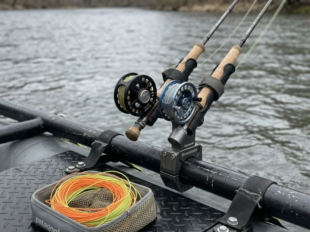 Riversmith Swiftcast rod carrier holding rigged rods tip-up on a raft fishing frame