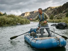 Raft Fishing Frame Setup Mistakes That Can Trap Your Feet Angler standing to cast from a fully rigged raft fishing frame setup on a calm river
