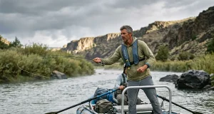 Raft Fishing Frame Setup Mistakes That Can Trap Your Feet Angler standing to cast from a fully rigged raft fishing frame setup on a calm river