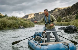 Raft Fishing Frame Setup Mistakes That Can Trap Your Feet Angler standing to cast from a fully rigged raft fishing frame setup on a calm river