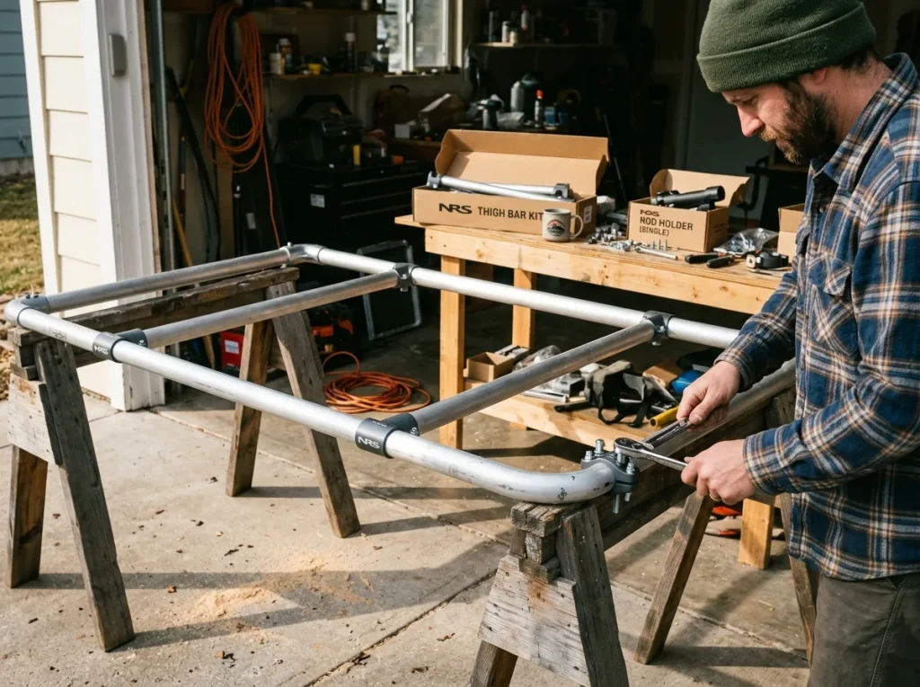 Bare modular NRS Bighorn raft frame in a garage as the first stage of a fishing build