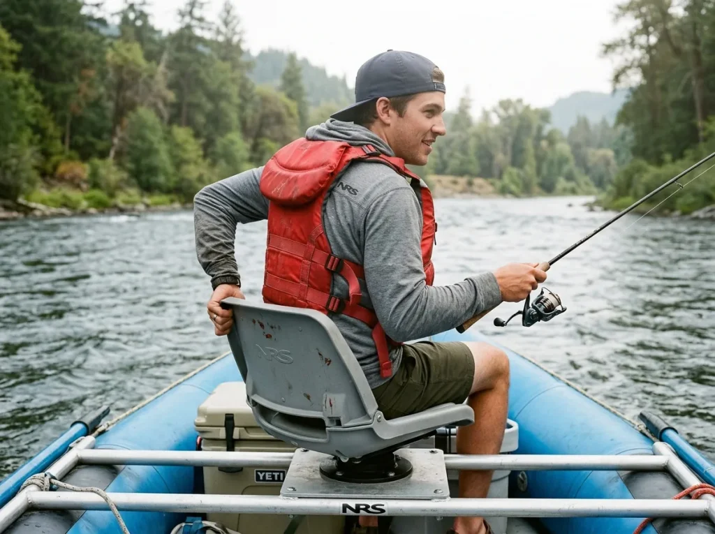 Angler rotating on a 360-degree swivel low-back raft seat to cast in a new direction