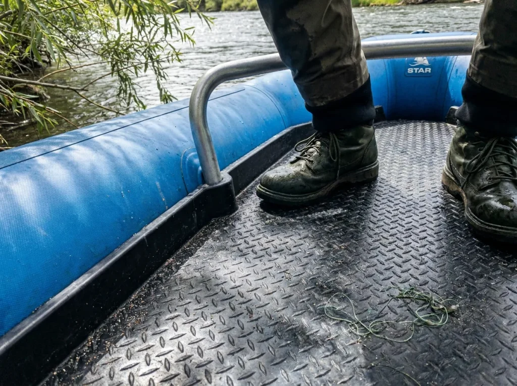 Angler's feet on a casting platform braced against a thigh bar showing the tube fit