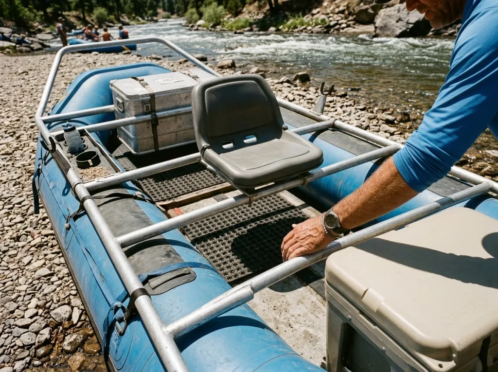 A cooler and dry box dropped into raft frame bays to check spacing and footwell