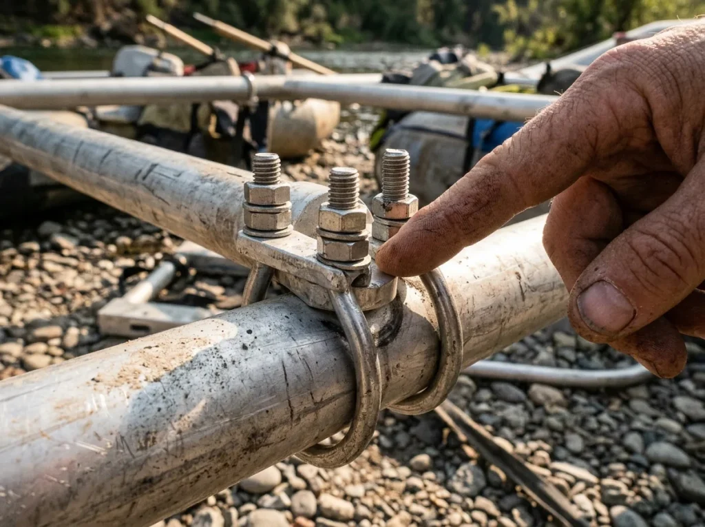A finger pointing to a backed-out U-bolt nut on a dusty raft frame rail