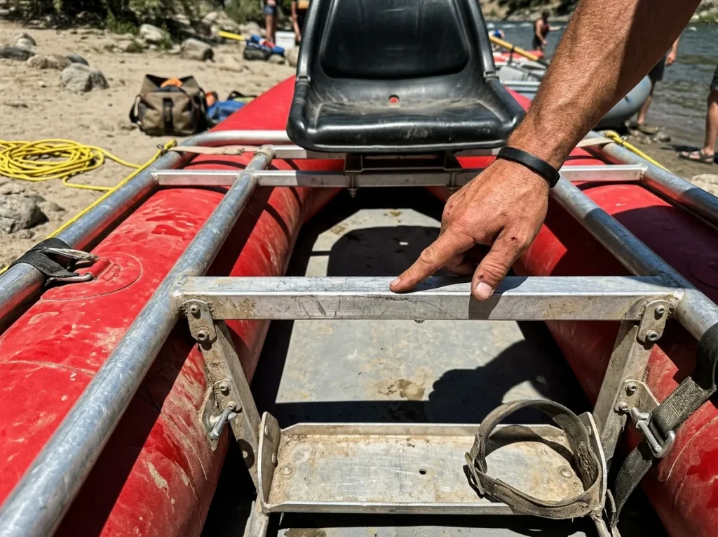 A rafter's hand pointing to the crossbar and open bay of an oar-rig frame to explain rigging terms