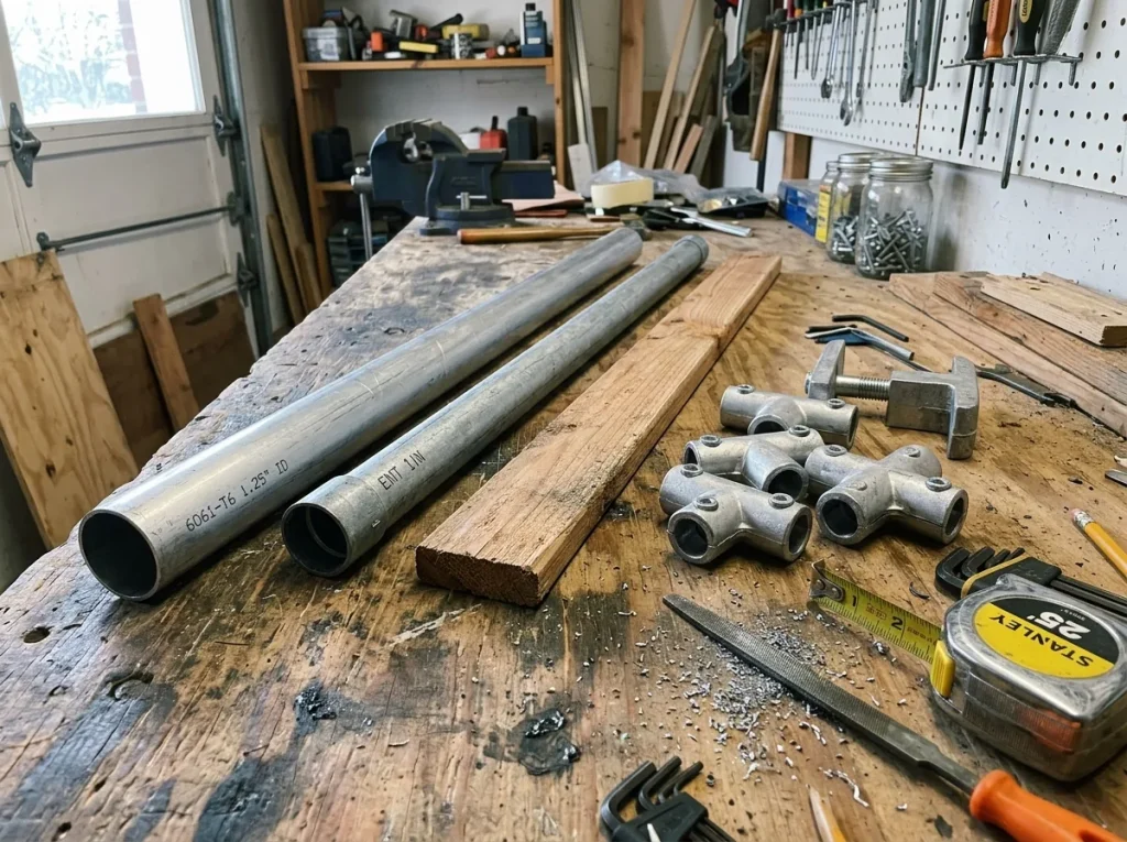 Raw aluminum pipe, steel EMT conduit and frame connectors laid out on a workbench