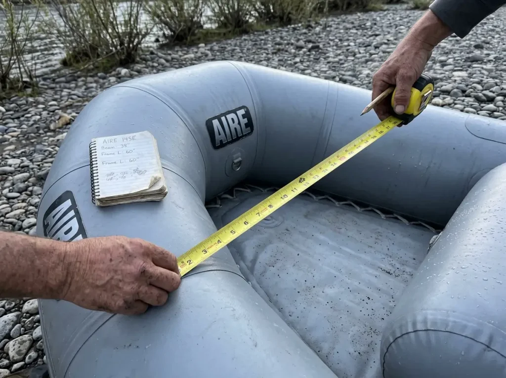 Hands measuring center-to-center width across an AIRE raft's tubes with a tape measure