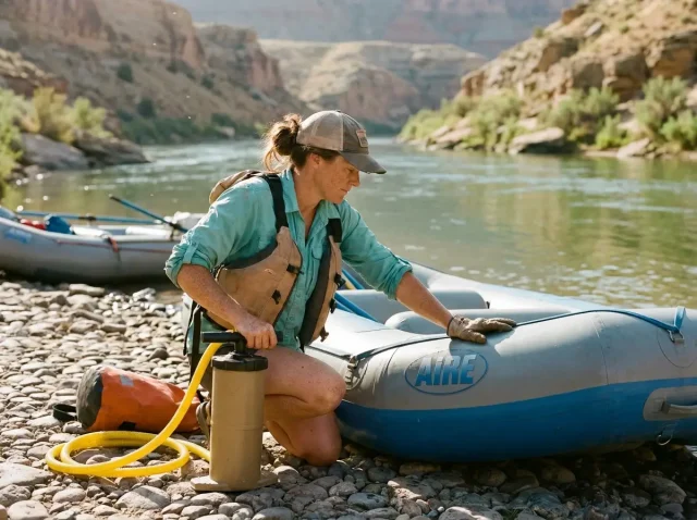 raft-inflation-pressure-put-in-hero Boater airing up an AIRE raft at a desert river put-in, checking raft inflation pressure before launch