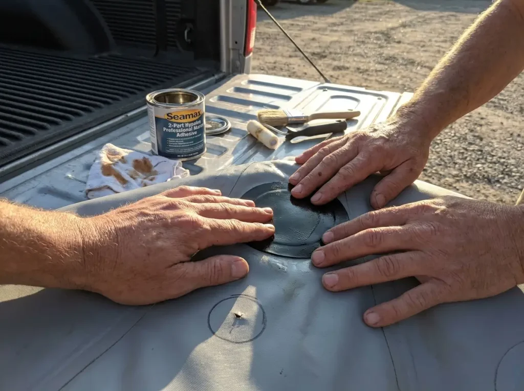 Patching a small puncture with a Hypalon repair kit, the patch-it side of repair versus replace