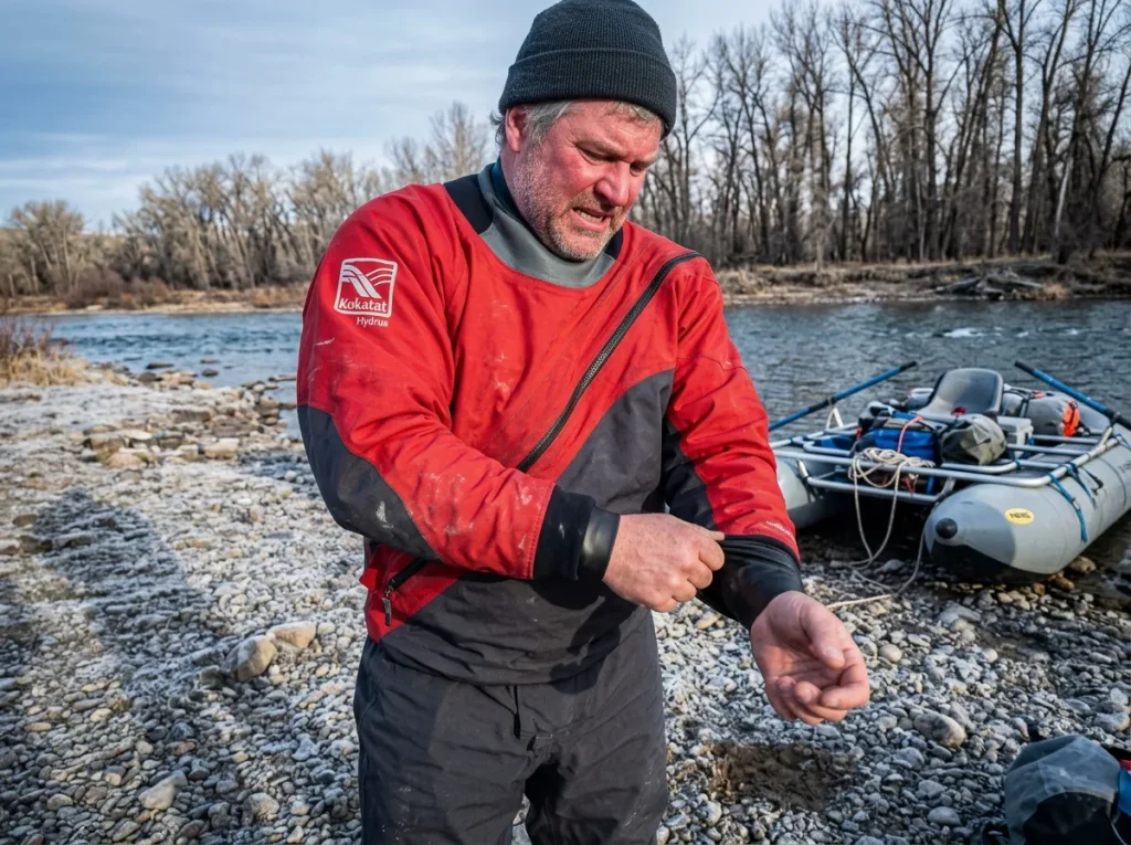 Private boater pulling on a drysuit over insulating layers for a cold shoulder-season river run