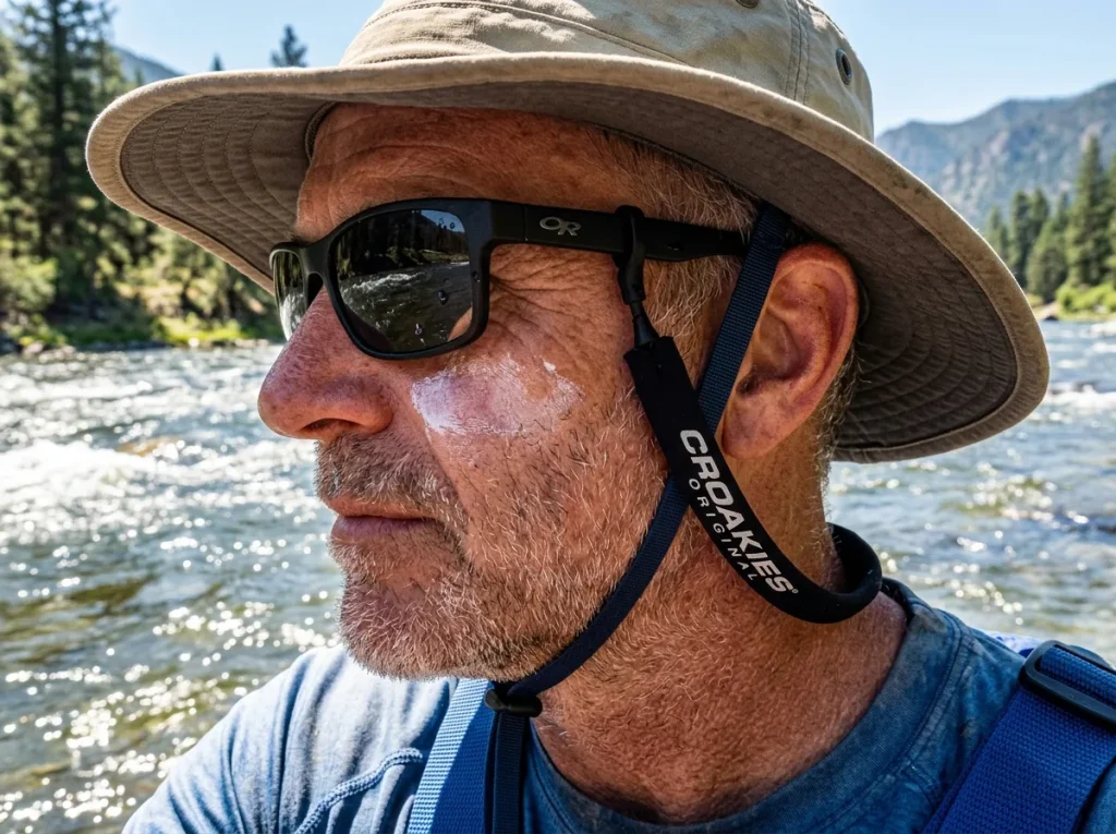 Polarized sunglasses on a neoprene Croakies retainer strap worn by a sun-protected rafter