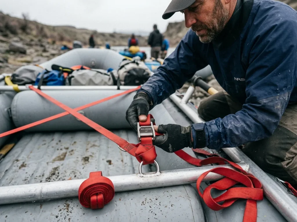 Hands girth-hitching a cam strap to a raft frame D-ring and tucking the loose tail to prevent entrapment