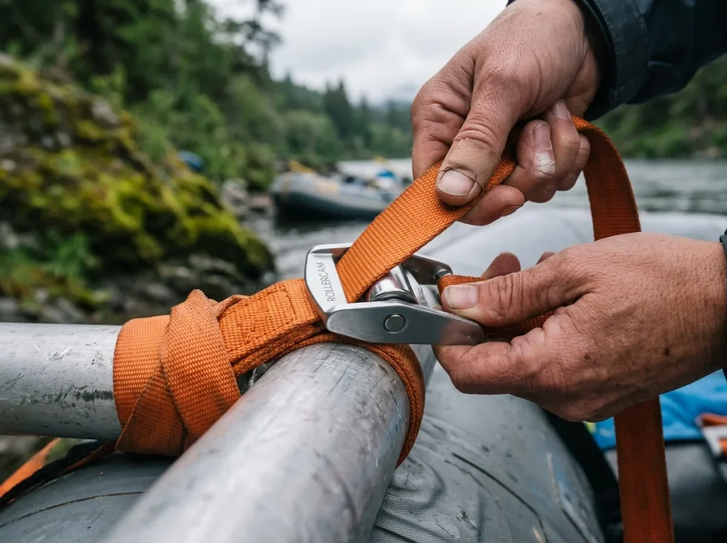A roller cam buckle being cinched tight by hand on a raft frame, showing the roller mechanism