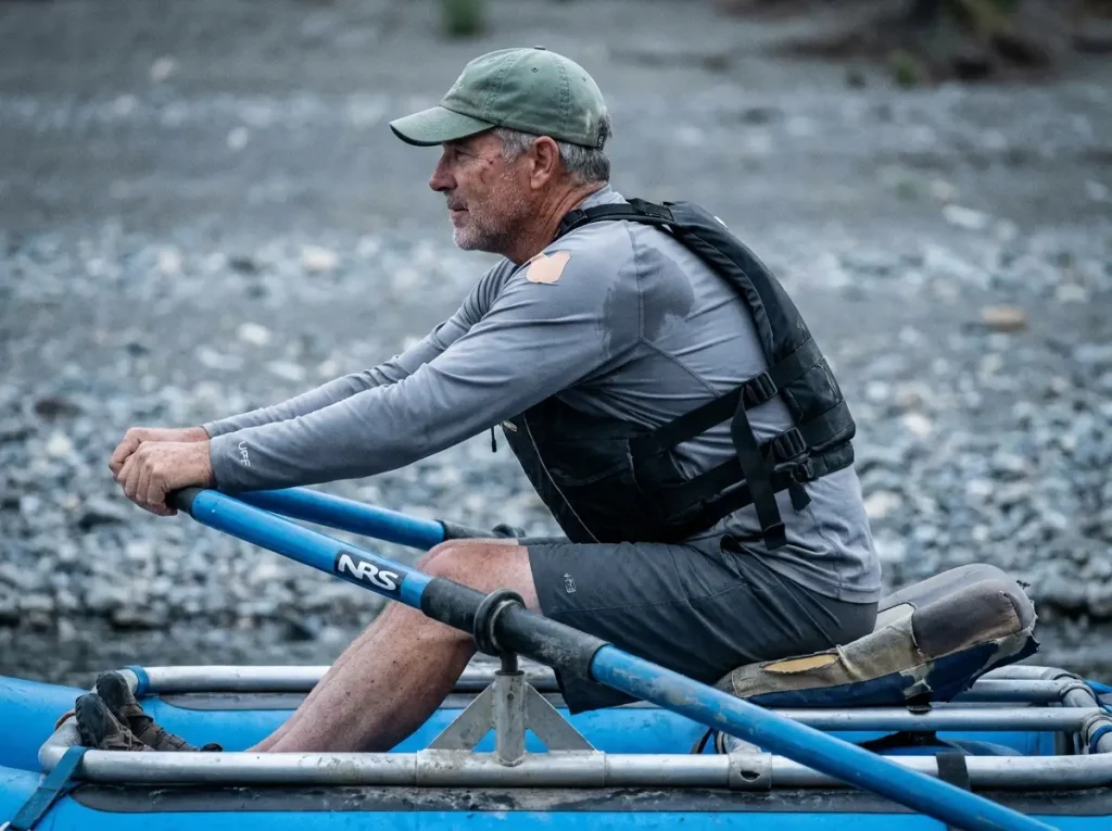 Rower keeping elbows low and spine neutral, the posture that protects shoulders and lower back