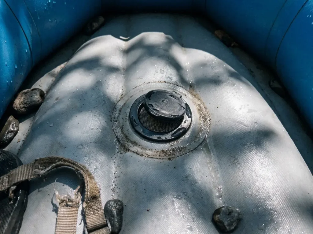 Pressure relief valve seated low in a Hyside self-bailing raft floor where sand collects