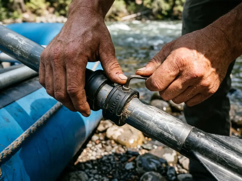 Hands sliding and locking a Cataract oar stop on the shaft to set inboard oar length