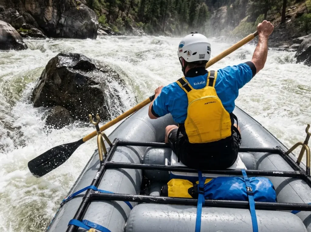 Rower shipping an oar high to clear a midstream rock while running a rocky rapid