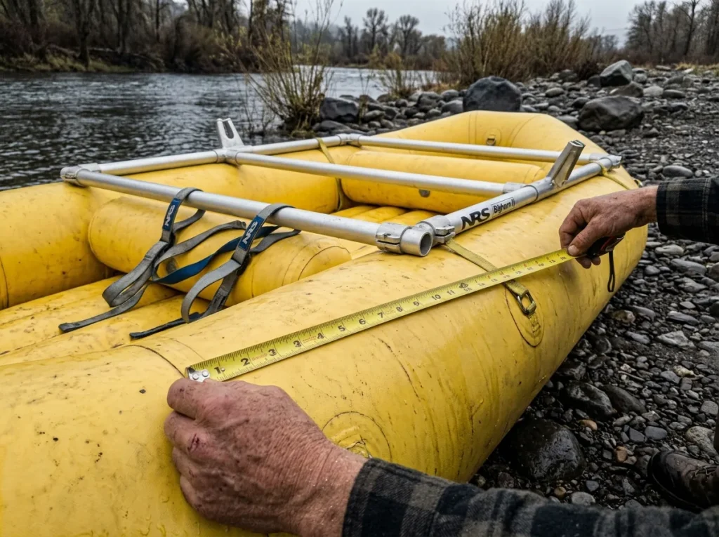 Hands measuring a raft's center-to-center width while fitting an NRS Bighorn II frame