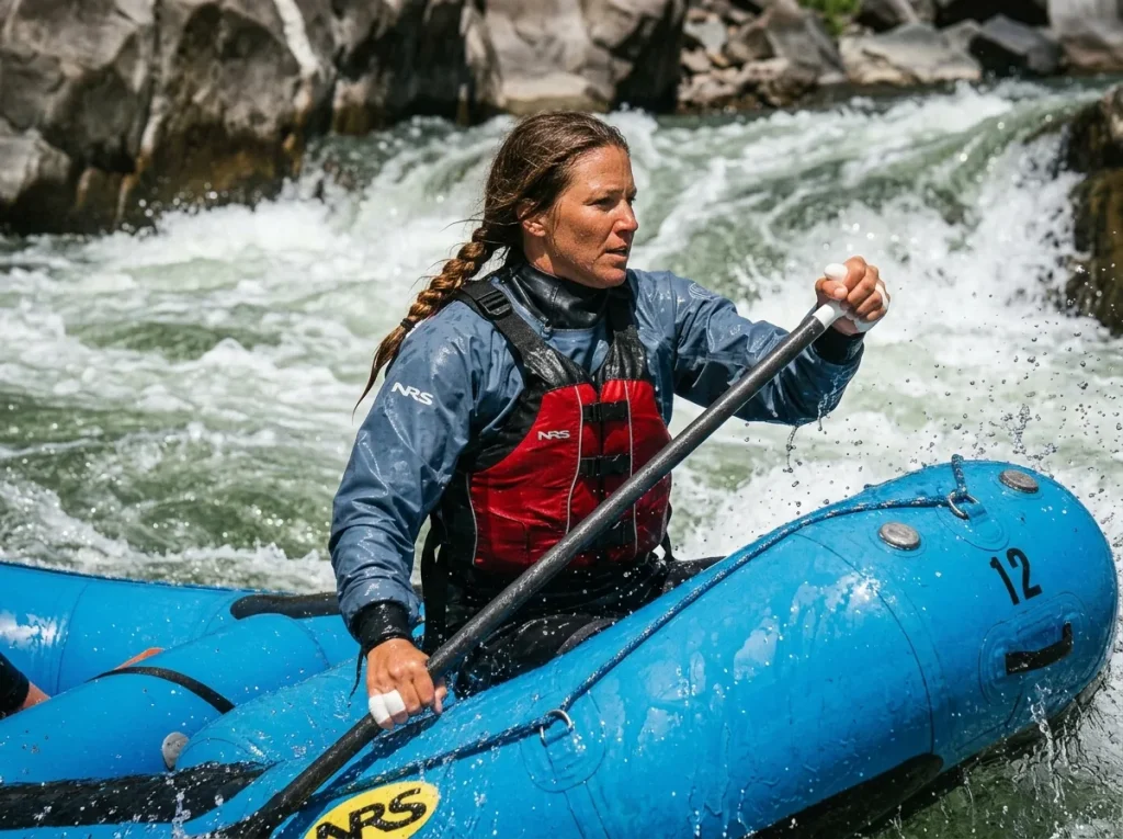 Paddler in a sealed splash jacket taking a wave train head-on in a whitewater raft