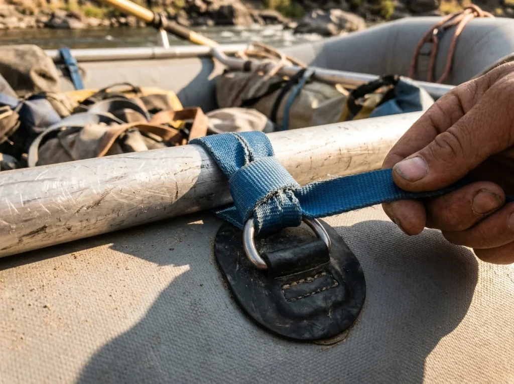 Loop strap girth-hitched through a raft D-ring over the frame rail to lock it down