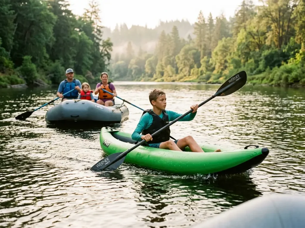 Teen paddling an inflatable kayak with a carbon paddle alongside a family raft on a green river