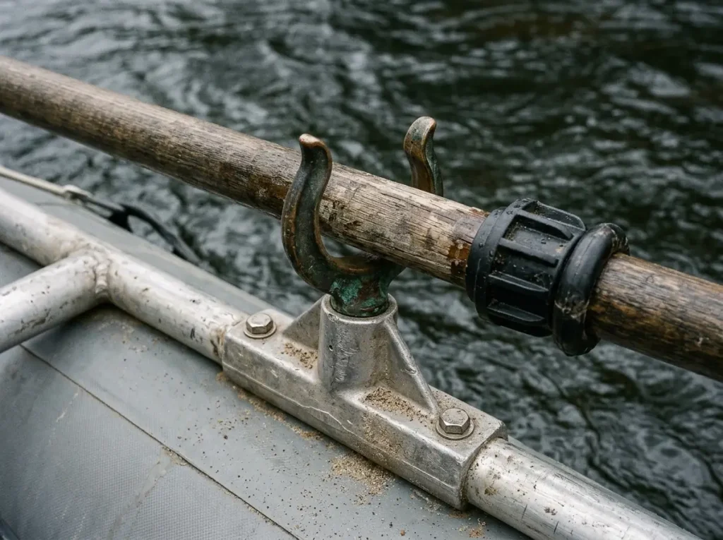 Close view of an oarlock, tower, and oar right together on a raft frame