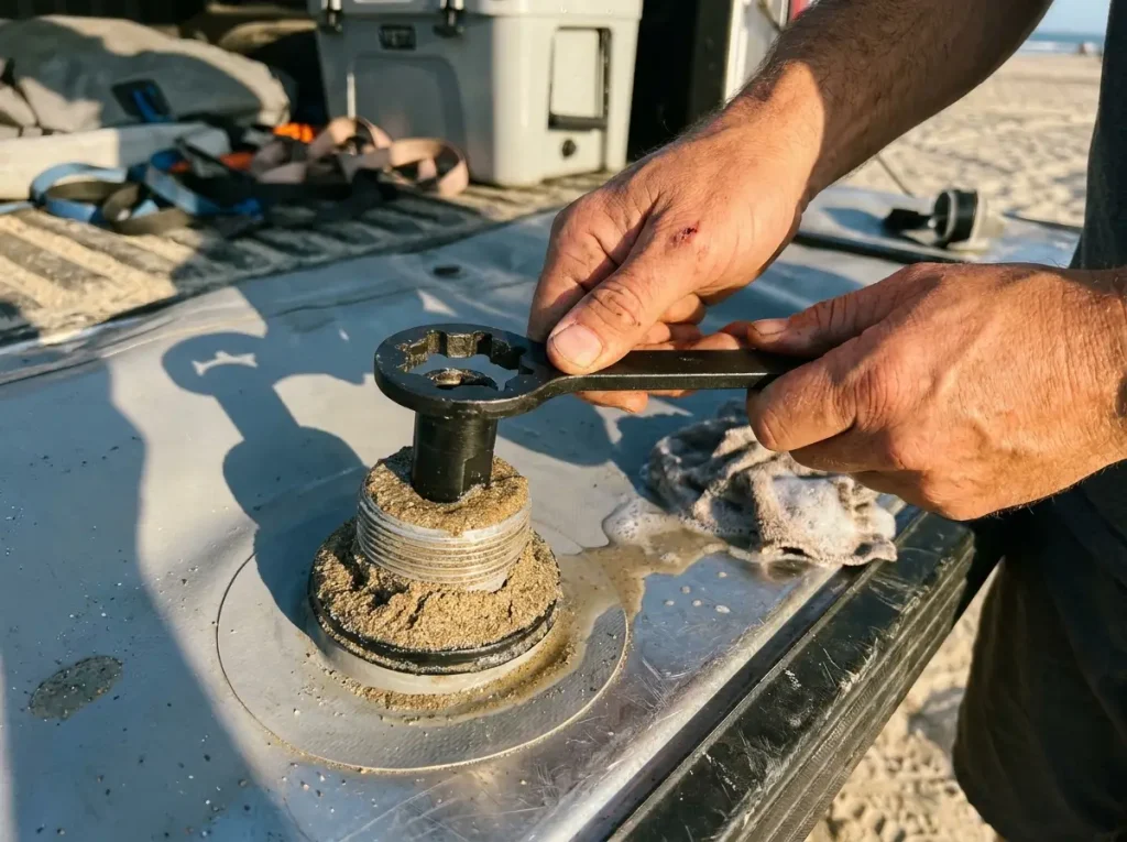 Using a valve wrench to pull a sand-clogged Halkey-Roberts pressure relief valve for cleaning