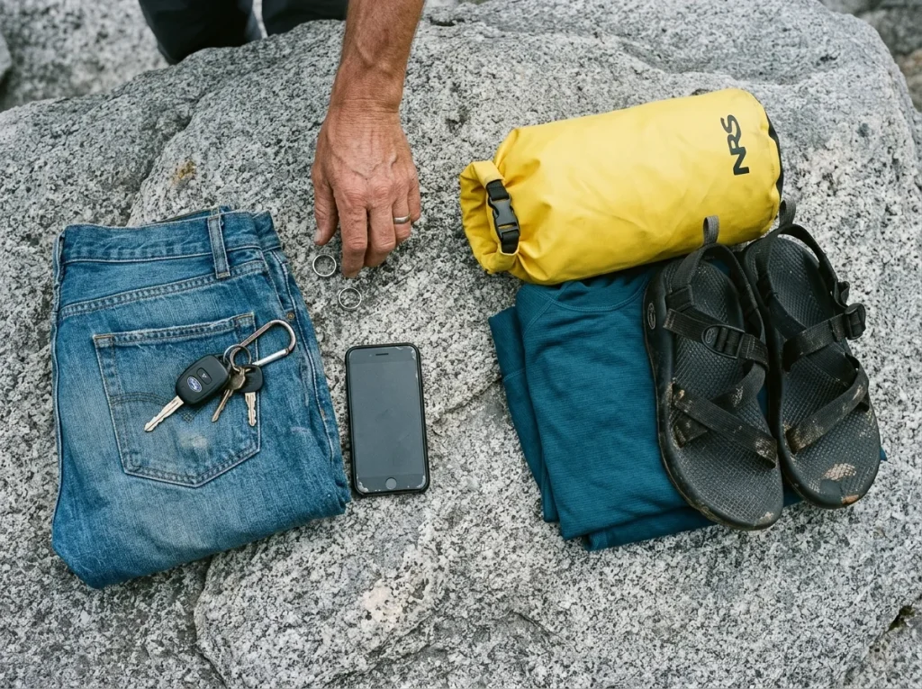 Rings, phone, and cotton jeans set aside next to a dry bag before a rafting trip