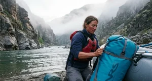Best Dry Bags for Whitewater That Survive a Flip Yellow NRS dry bag rigged to a raft frame before a whitewater run at dawn