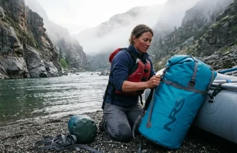 Best Dry Bags for Whitewater That Survive a Flip Yellow NRS dry bag rigged to a raft frame before a whitewater run at dawn