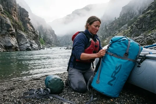 Best Dry Bags for Whitewater That Survive a Flip Yellow NRS dry bag rigged to a raft frame before a whitewater run at dawn