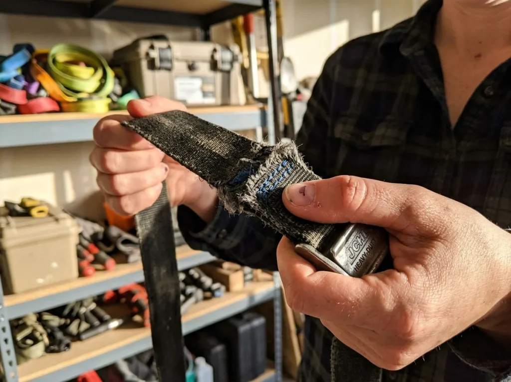 A rafter inspecting a worn cam strap with frayed webbing and pulled stitching to decide if it should be retired