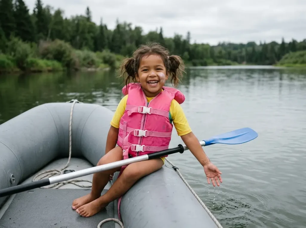 Young child riding happily in a raft with a kids paddle resting across their lap instead of paddling