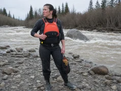 Best Rescue PFDs Type V and Who Should Skip Them Safety boater in an Astral GreenJacket rescue PFD, a Type V rescue vest, on a cold spring river